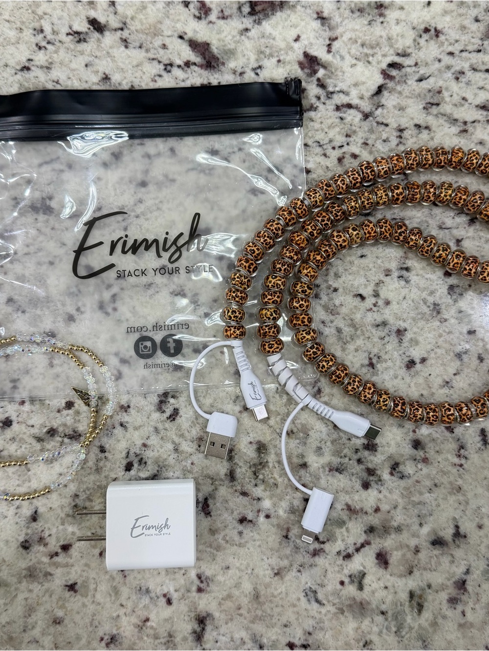 Erimish White Multi-Connector Charging Cable Set with Brown Beaded Wrap